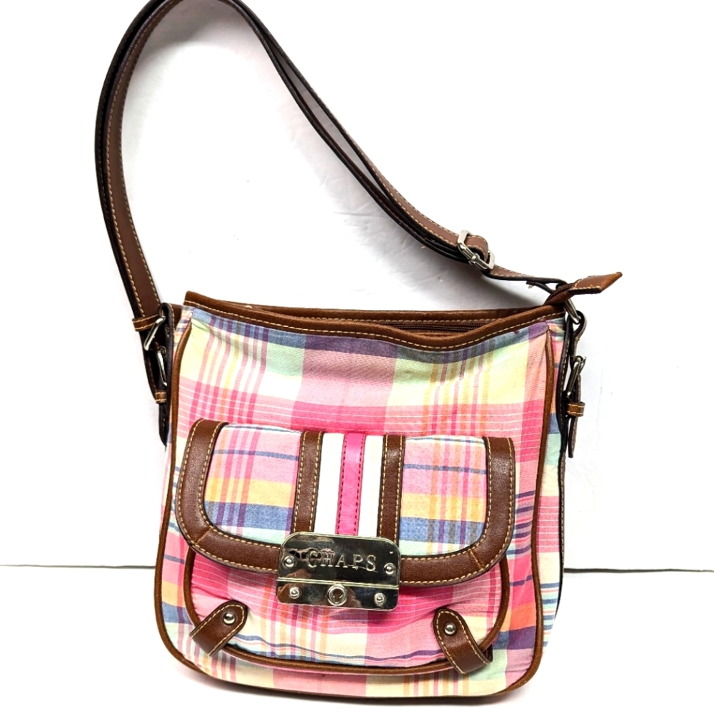 Chaps Madras Plaid Shoulder Bag Brown Leather Strap Academia Preppy